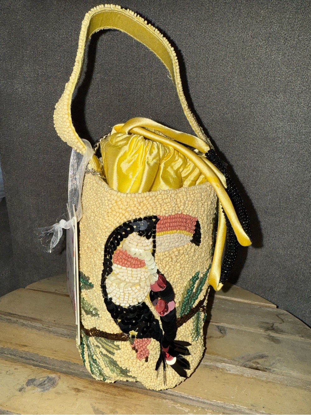 Handcrafted in India Beaded Toucan Bucket Style Drawstring Bag